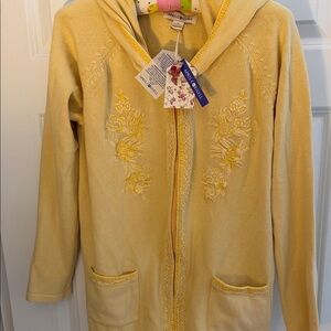 April Cornell Yellow Embroidered Nora zip up Hooded sweater NWT